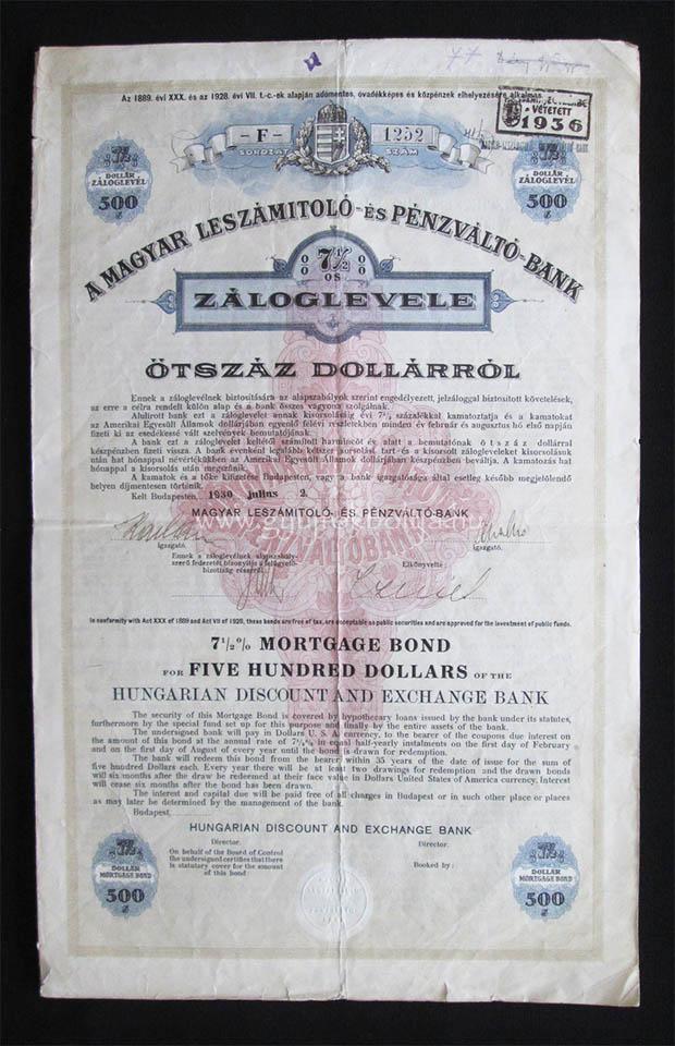 Magyar Leszmitol s Pnzvlt Bank zloglevl 500 dollr 1930